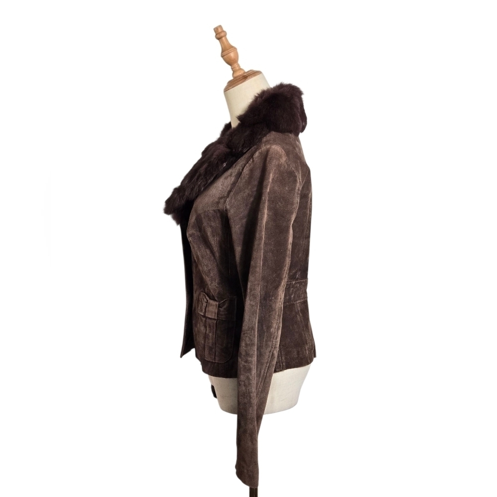 XOXO Vintage 90s Brown Suede Blazer with Rabbit Fur Collar - Picture 5 of 9